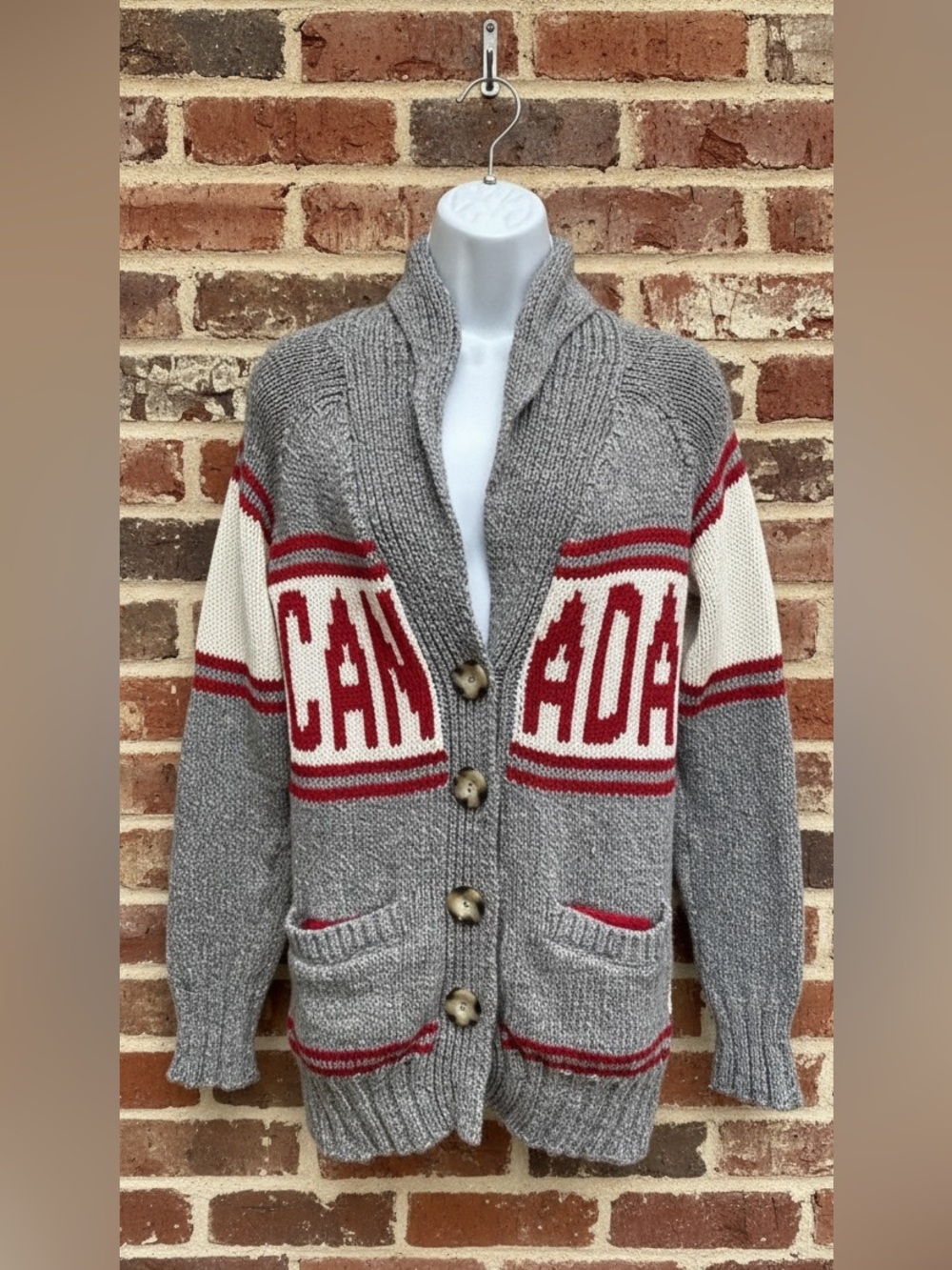 Parkhurst Cotton Country Canada Knit Gray Red Sweater Cardigan Size XS